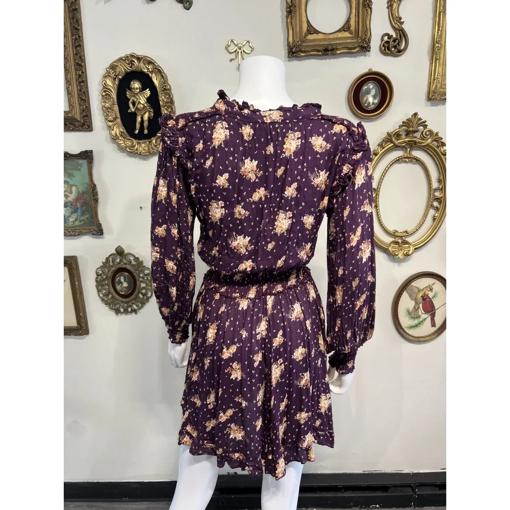 Angie Purple Floral Print Long Sleeve Smocked Waist Ruffle Mini Dress Size M